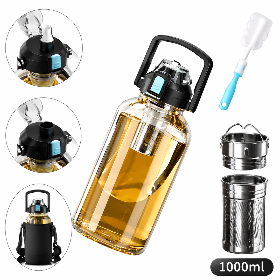 Premium Heat Resistant Glass Tea Cup Large Capacity 800–2000ml Transparent Portable Water Bottle with Lid Straw Leak Resistant Sports Travel Coffee Mug