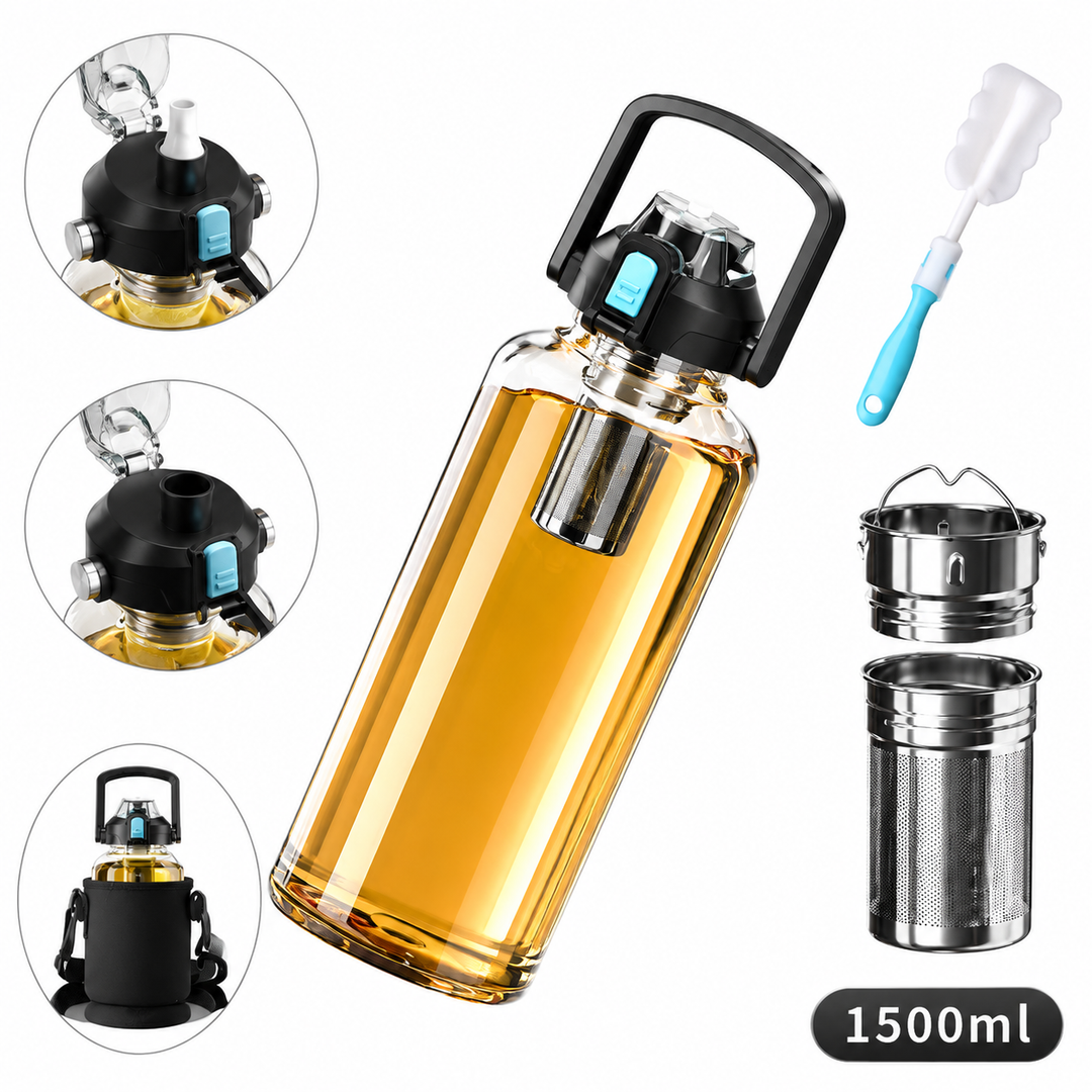 Premium Heat Resistant Glass Tea Cup Large Capacity 800–2000ml Transparent Portable Water Bottle with Lid Straw Leak Resistant Sports Travel Coffee Mug