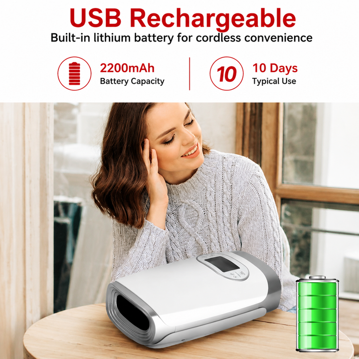 Premium Heated Hand Massager Air Pressure Hot Compress Arthritis Relief Wrist Finger Pain Therapy Device Cordless Rechargeable Portable Device