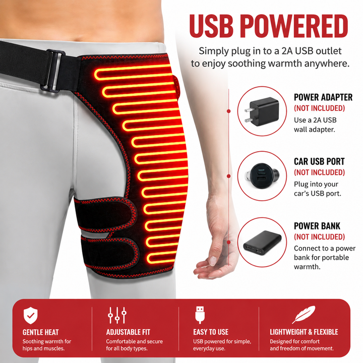 Premium Heated Hip Support Brace Full Wrap Compression Belt USB Powered Heat Vibration Massage 3 Levels Adjustable Therapy Hip Pain Relief Wrap
