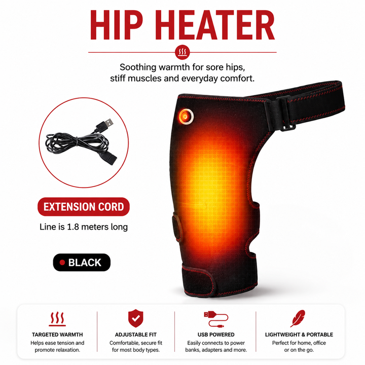 Premium Heated Hip Support Brace Full Wrap Compression Belt USB Powered Heat Vibration Massage 3 Levels Adjustable Therapy Hip Pain Relief Wrap