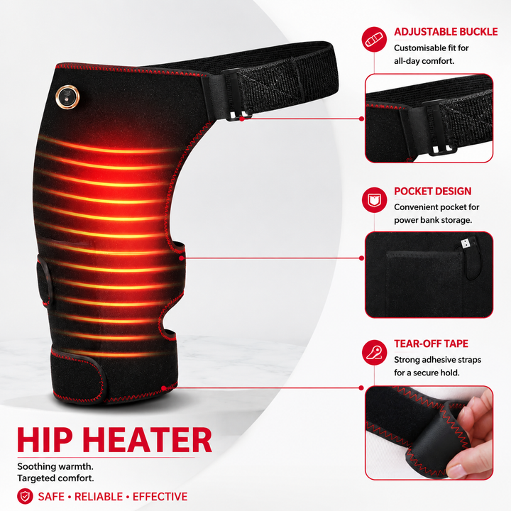 Premium Heated Hip Support Brace Full Wrap Compression Belt USB Powered Heat Vibration Massage 3 Levels Adjustable Therapy Hip Pain Relief Wrap