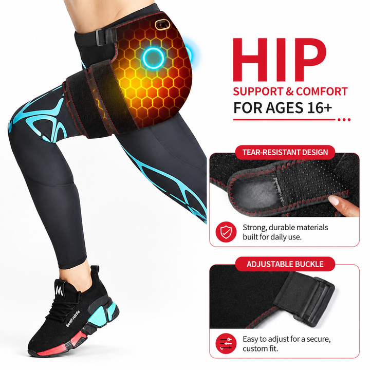 Premium Heated Hip Support Brace Full Wrap Compression Belt USB Powered Heat Vibration Massage 3 Levels Adjustable Therapy Hip Pain Relief Wrap