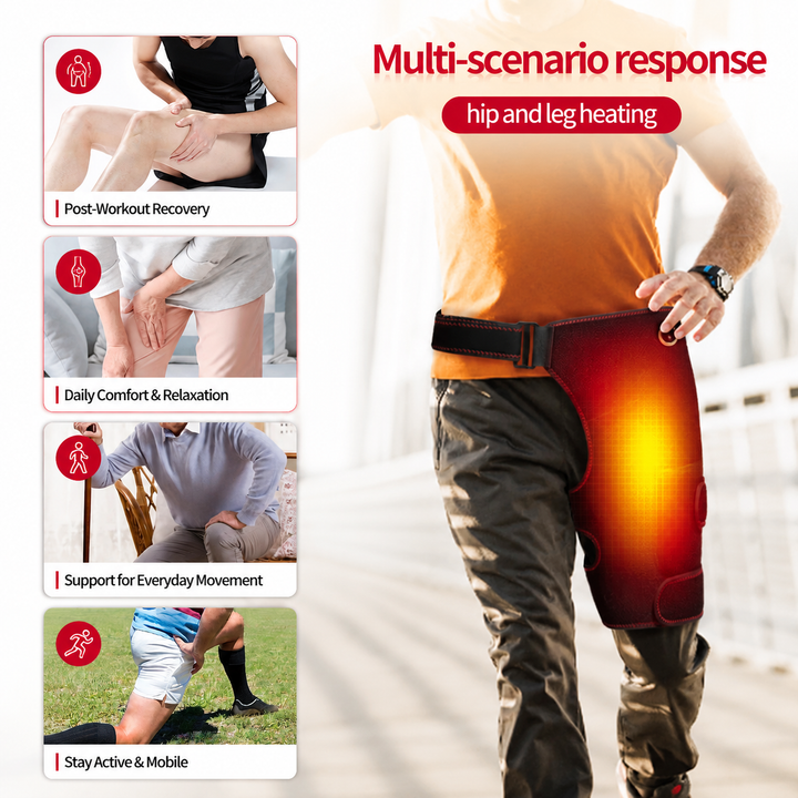 Premium Heated Hip Support Brace Full Wrap Compression Belt USB Powered Heat Vibration Massage 3 Levels Adjustable Therapy Hip Pain Relief Wrap