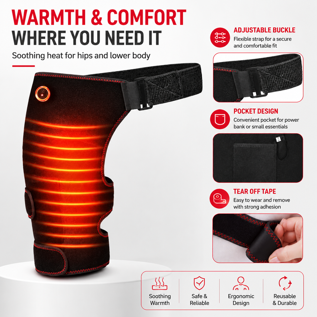 Premium Heated Hip Support Brace Full Wrap USB Compression Belt Carbon Fiber Heat Vibration Massage 3 Levels Adjustable Hip Pain Relief Support
