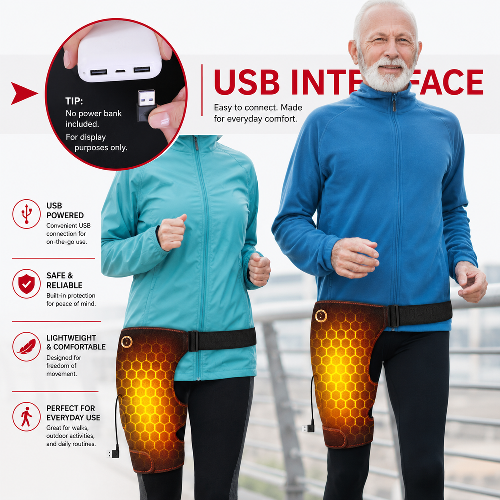 Premium Heated Hip Support Brace Full Wrap USB Compression Belt Carbon Fiber Heat Vibration Massage 3 Levels Adjustable Hip Pain Relief Support