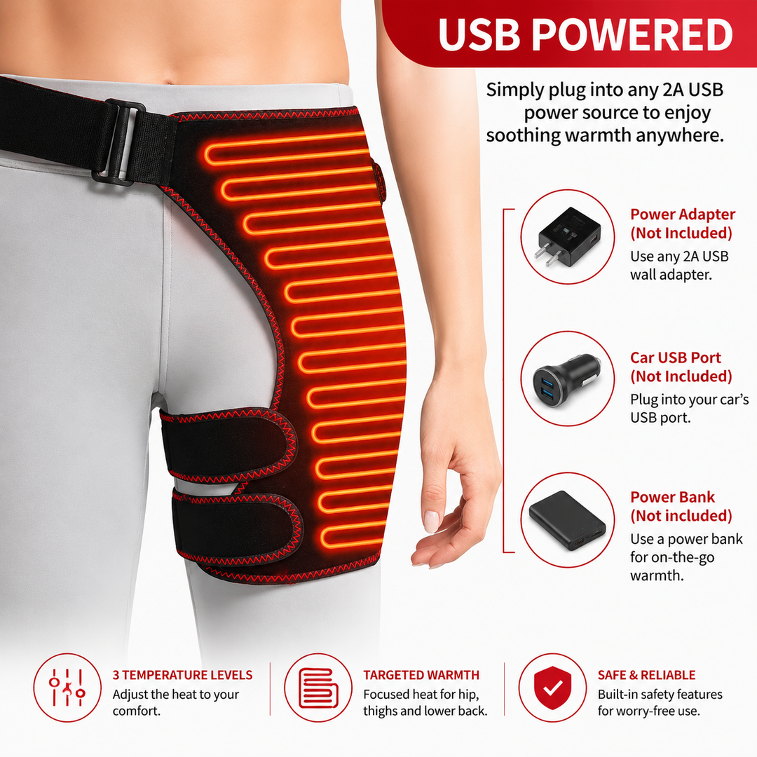 Premium Heated Hip Support Brace Full Wrap USB Compression Belt Carbon Fiber Heat Vibration Massage 3 Levels Adjustable Hip Pain Relief Support