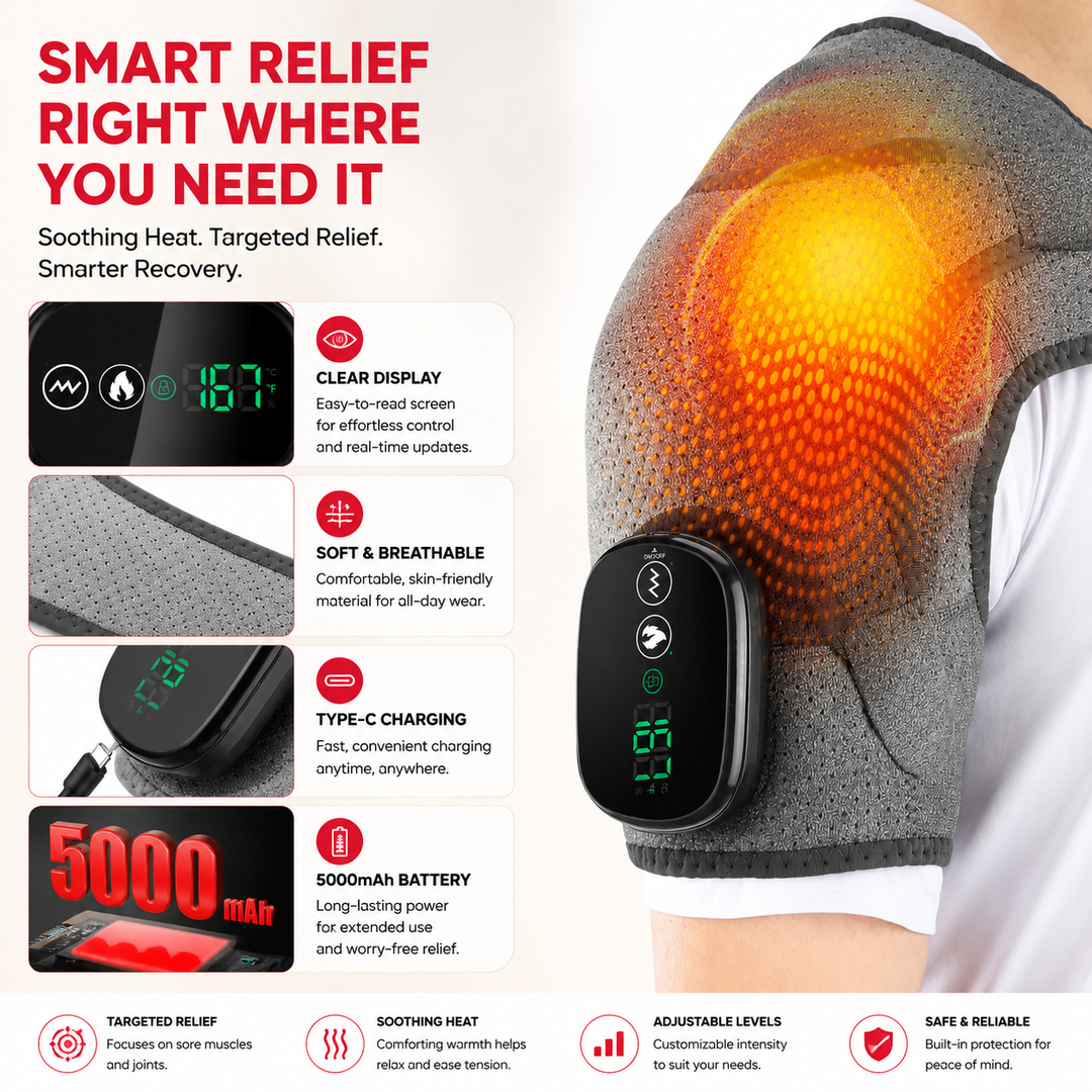 Premium Heated Shoulder Pad Electric Vibration Massage USB Rechargeable 5000mAh 3 Heat Levels Shoulder Wrap Pain Relief Therapy Support Belt
