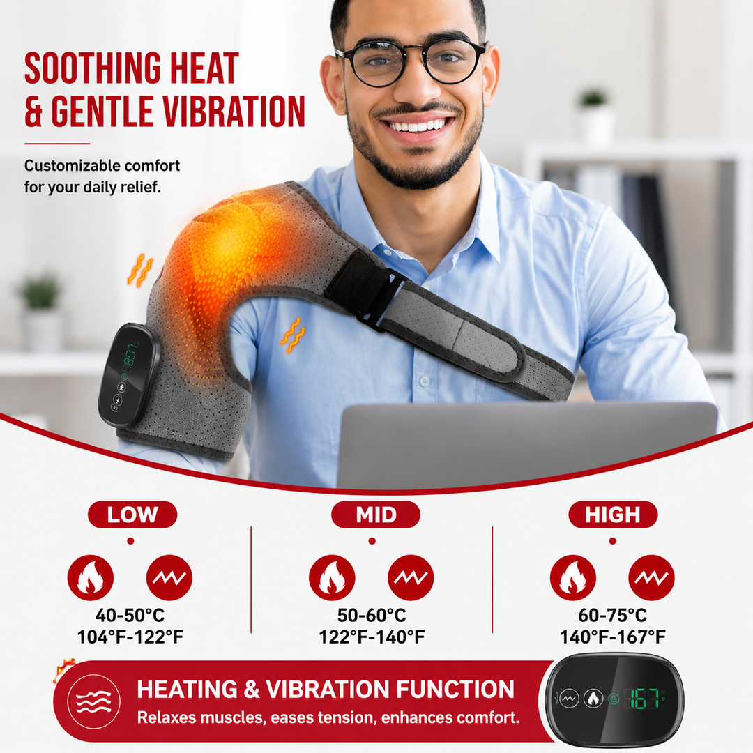 Premium Heated Shoulder Pad Electric Vibration Massage USB Rechargeable 5000mAh 3 Heat Levels Shoulder Wrap Pain Relief Therapy Support Belt