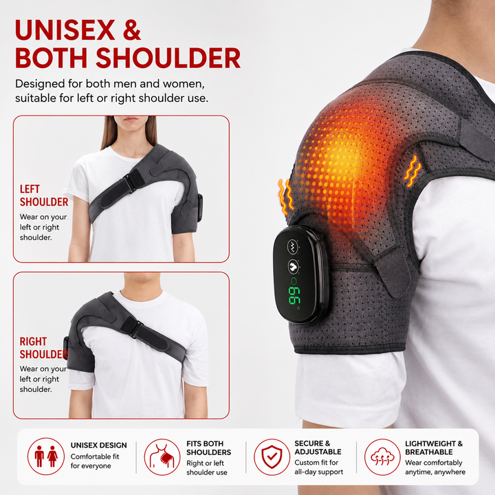 Premium Heated Shoulder Pad Electric Vibration Massage USB Rechargeable 5000mAh 3 Heat Levels Shoulder Wrap Pain Relief Therapy Support Belt