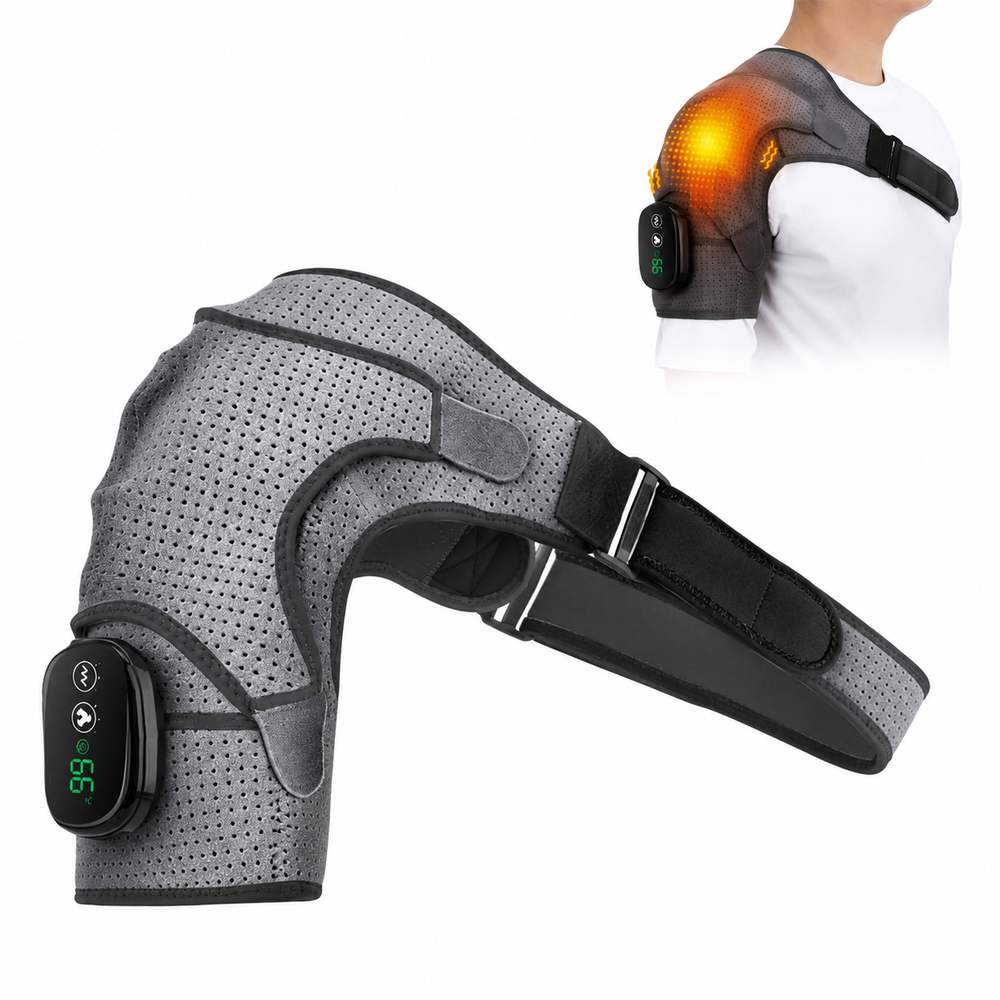 Premium Heated Shoulder Pad Electric Vibration Massage USB Rechargeable 5000mAh 3 Heat Levels Shoulder Wrap Pain Relief Therapy Support Belt