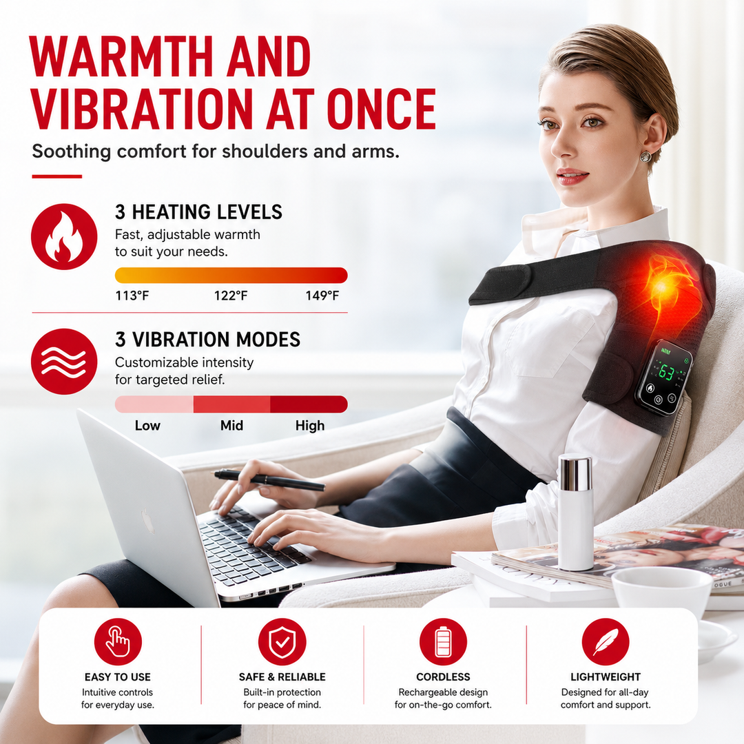 Premium Heated Shoulder Pad Electric Vibration Massage USB Rechargeable 5000mAh 3 Heat Levels Shoulder Wrap Pain Relief Therapy Support Belt