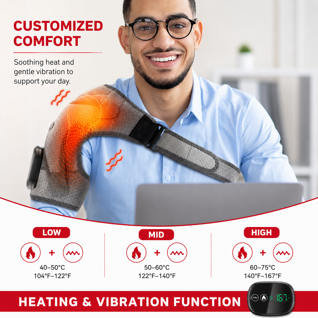 Premium Heated Shoulder Pad USB Rechargeable Vibration Massage Wrap 3 Heat Levels 5000mAh Battery Shoulder Support Pain Relief Adjustable Strap