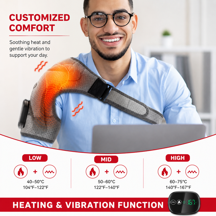 Premium Heated Shoulder Pad USB Rechargeable Vibration Massage Wrap 3 Heat Levels 5000mAh Battery Shoulder Support Pain Relief Adjustable Strap