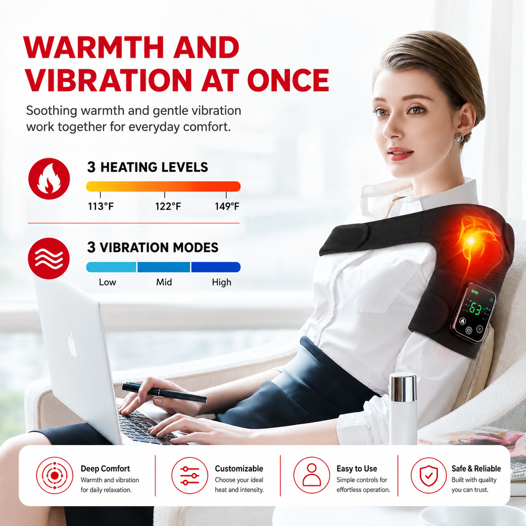 Premium Heated Shoulder Pad USB Rechargeable Vibration Massage Wrap 3 Heat Levels 5000mAh Battery Shoulder Support Pain Relief Adjustable Strap