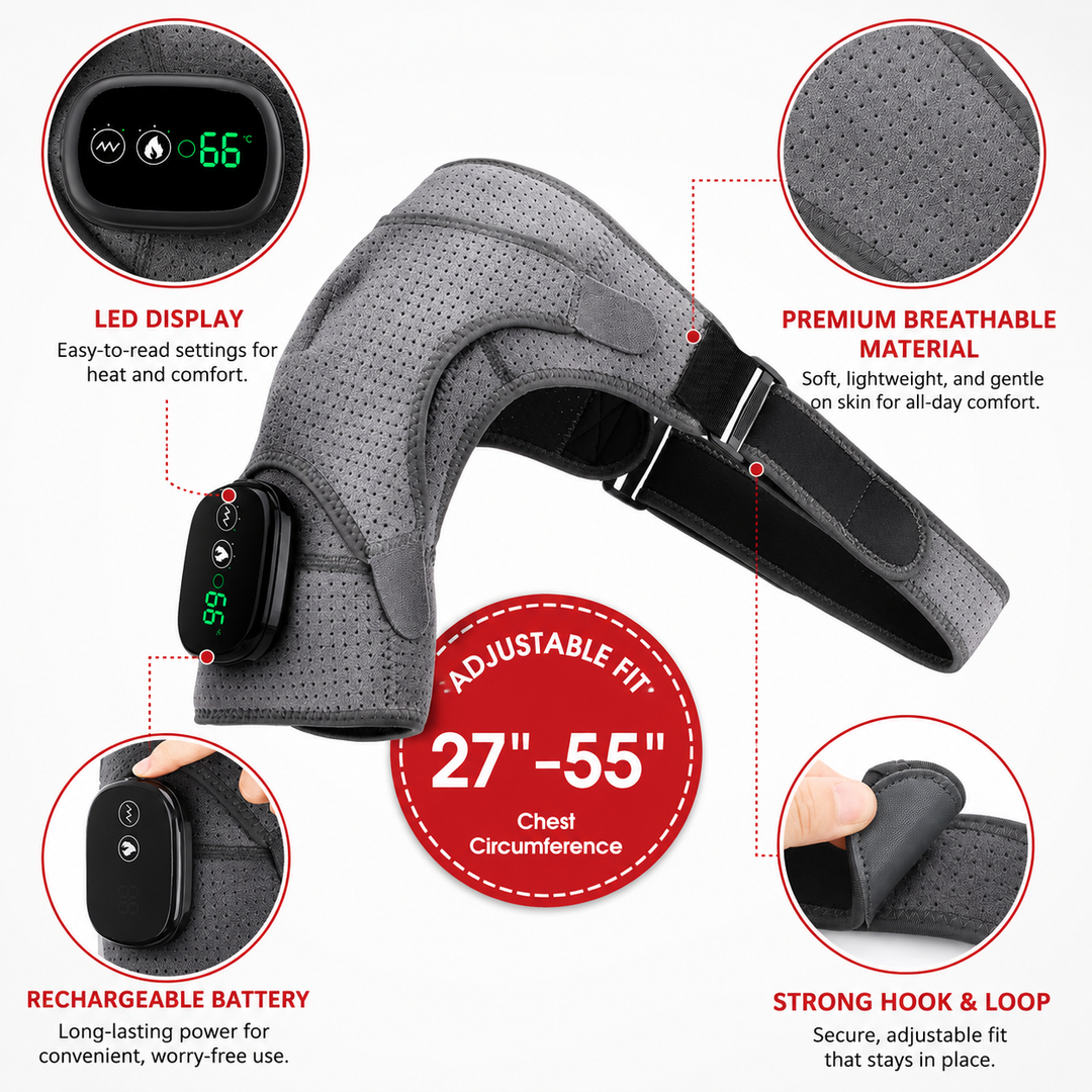Premium Heated Shoulder Pad USB Rechargeable Vibration Massage Wrap 3 Heat Levels 5000mAh Battery Shoulder Support Pain Relief Adjustable Strap