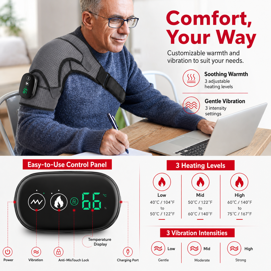 Premium Heated Shoulder Pad USB Rechargeable Vibration Massage Wrap 3 Heat Levels 5000mAh Battery Shoulder Support Pain Relief Adjustable Strap