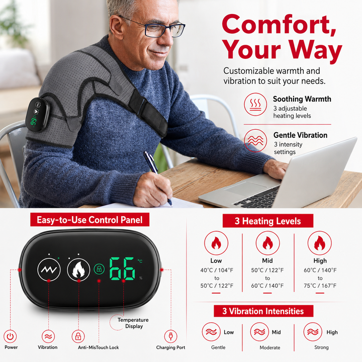 Premium Heated Shoulder Pad USB Rechargeable Vibration Massage Wrap 3 Heat Levels 5000mAh Battery Shoulder Support Pain Relief Adjustable Strap