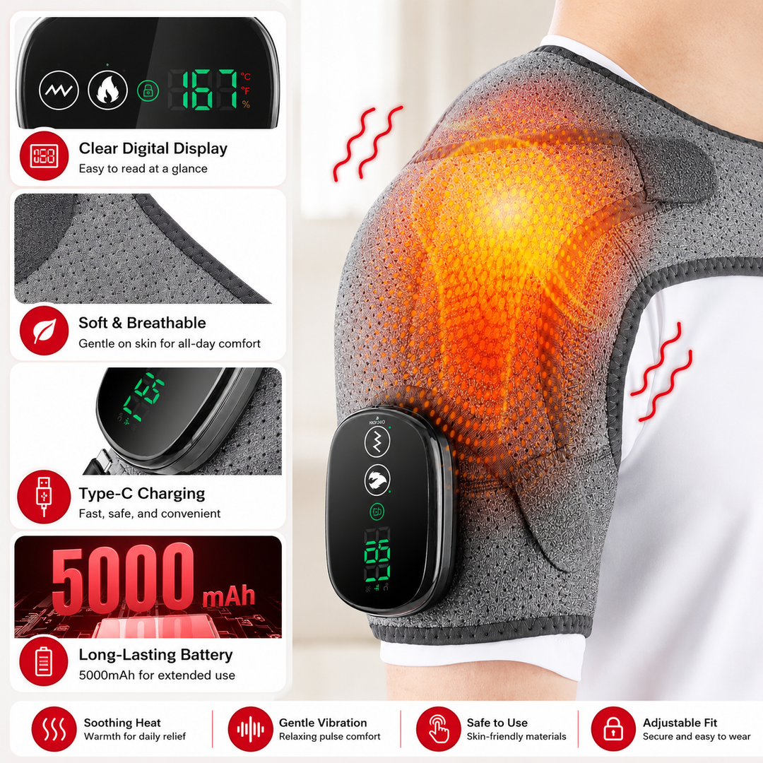 Premium Heated Shoulder Pad USB Rechargeable Vibration Massage Wrap 3 Heat Levels 5000mAh Battery Shoulder Support Pain Relief Adjustable Strap
