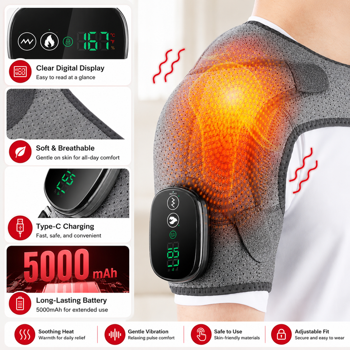 Premium Heated Shoulder Pad USB Rechargeable Vibration Massage Wrap 3 Heat Levels 5000mAh Battery Shoulder Support Pain Relief Adjustable Strap