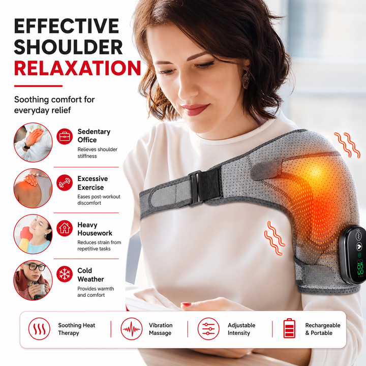 Premium Heated Shoulder Pad Vibration Massager 5000mAh USB Rechargeable Shoulder Wrap Adjustable Heat Levels Pain Relief Muscle Comfort Device