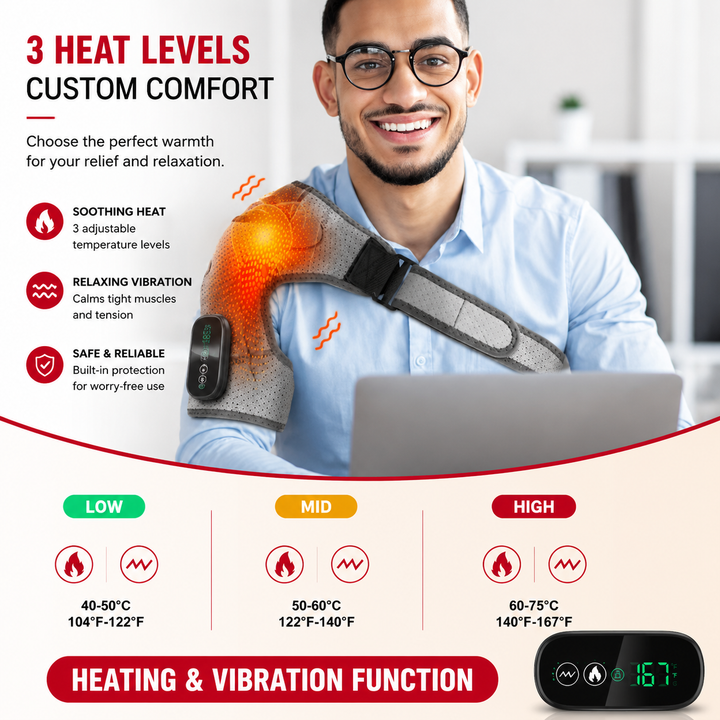 Premium Heated Shoulder Pad Vibration Massager 5000mAh USB Rechargeable Shoulder Wrap Adjustable Heat Levels Pain Relief Muscle Comfort Device