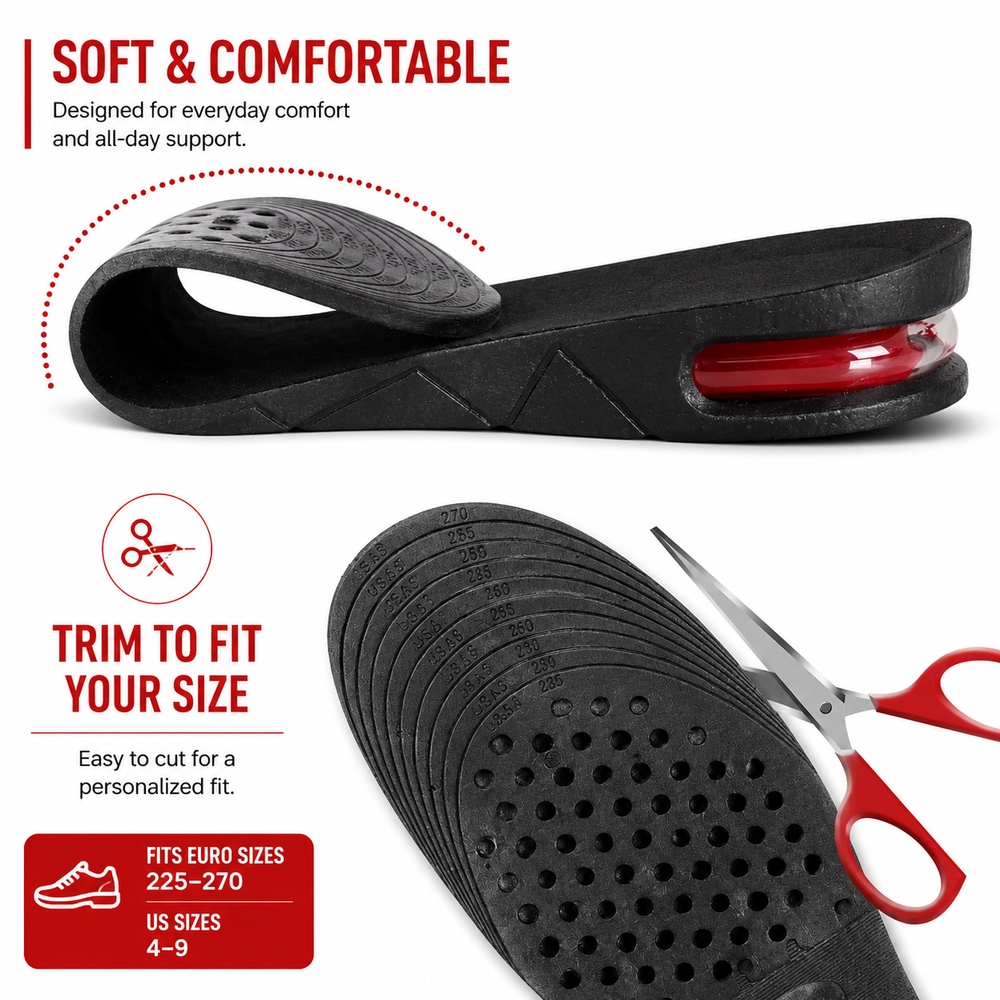 Premium Height Increase Insoles Adjustable 3 to 9cm Elevator Inserts Air Cushion EVA Shoe Lifts Unisex Comfort Fit Shoe Height Booster Insoles