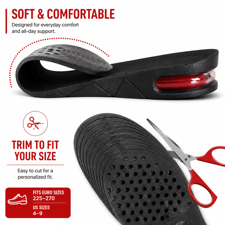 Premium Height Increase Insoles Adjustable 3 to 9cm Elevator Inserts Air Cushion EVA Shoe Lifts Unisex Comfort Fit Shoe Height Booster Insoles
