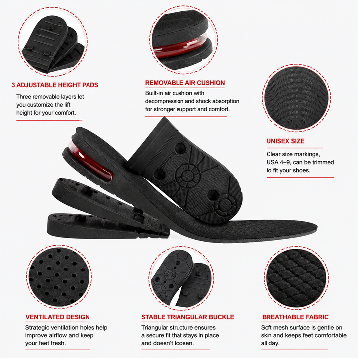 Premium Height Increase Insoles Adjustable 3 to 9cm Elevator Inserts Air Cushion EVA Shoe Lifts Unisex Comfort Fit Shoe Height Booster Insoles