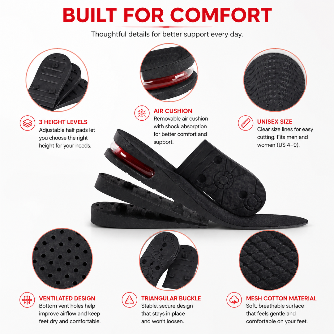 Premium Height Increase Insoles Adjustable Air Cushion Elevator Shoe Inserts 3–9cm Lift Shock Absorbent EVA Comfort Insoles Men Women EU 225–270