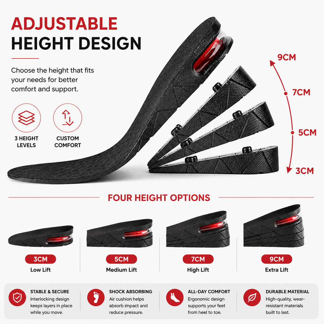 Premium Height Increase Insoles Adjustable Air Cushion Elevator Shoe Inserts 3–9cm Lift Shock Absorbent EVA Comfort Insoles Men Women EU 225–270