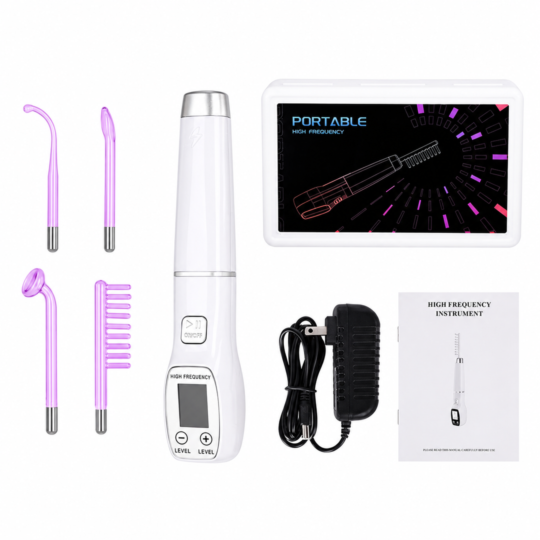 Premium High Frequency Facial Device Electro Therapy Wand Digital Display Glass Electrodes Portable Skin Care Device Face Neck Scalp Home Use