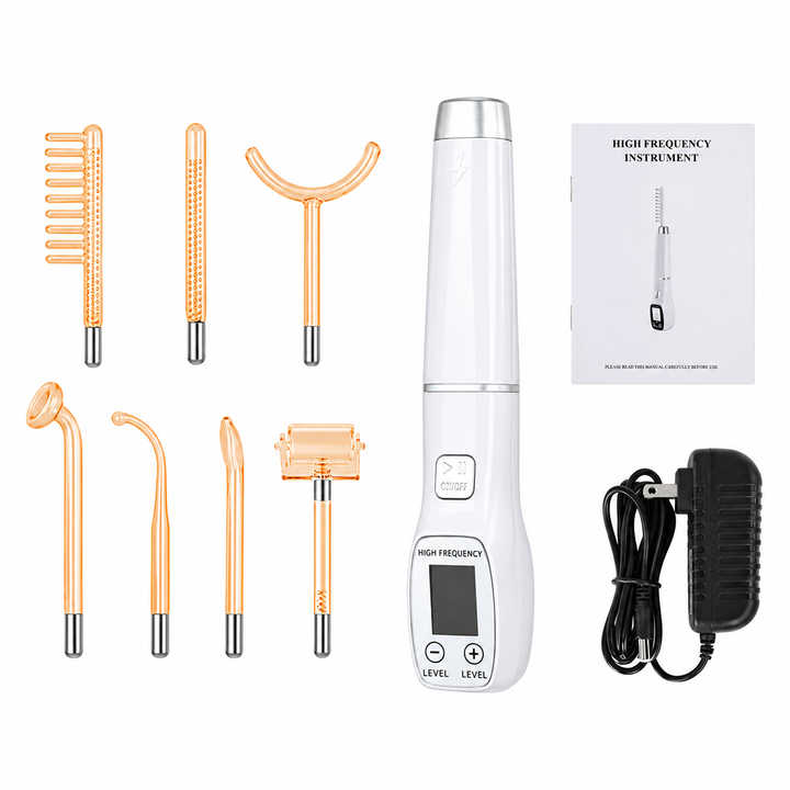 Premium High Frequency Facial Device Electro Therapy Wand Digital Display Glass Electrodes Portable Skin Care Device Face Neck Scalp Home Use