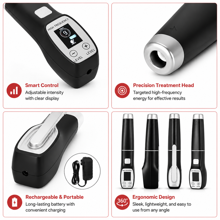 Premium High Frequency Facial Device Electro Therapy Wand Digital Display Glass Electrodes Portable Skin Care Device Face Neck Scalp Home Use