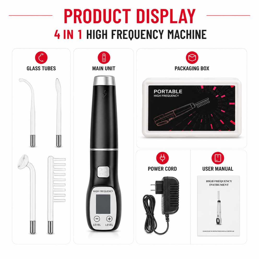 Premium High Frequency Facial Device Electro Therapy Wand Digital Display Glass Electrodes Portable Skin Care Device Face Neck Scalp Home Use