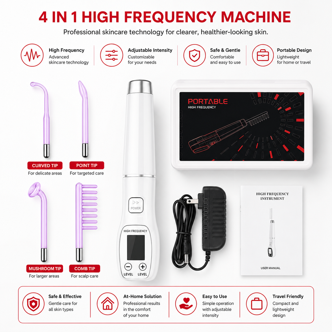Premium High Frequency Facial Device Electro Therapy Wand Digital Display Glass Electrodes Portable Skin Care Device Face Neck Scalp Home Use