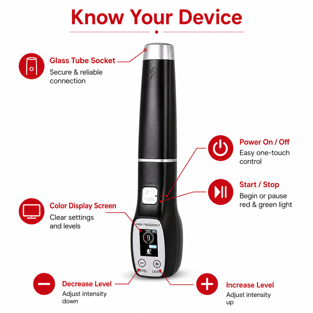 Premium High Frequency Facial Device Electro Therapy Wand Digital Display Glass Electrodes Portable Skin Care Device Face Neck Scalp Home Use