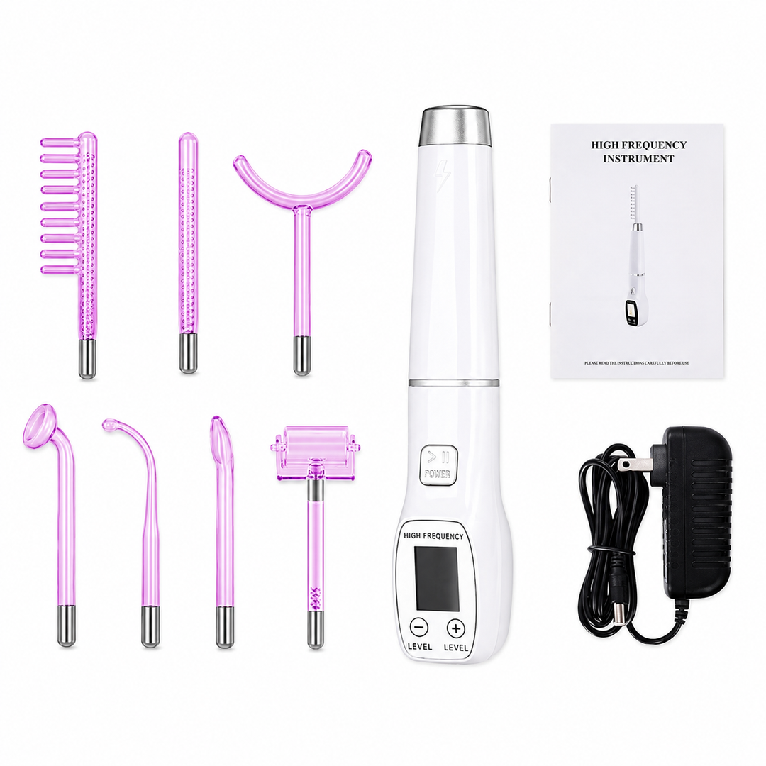 Premium High Frequency Facial Device Electro Therapy Wand Digital Display Glass Electrodes Portable Skin Care Device Face Neck Scalp Home Use