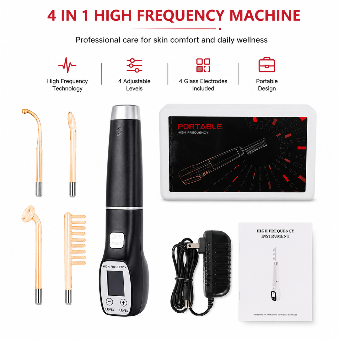 Premium High Frequency Facial Device Electro Therapy Wand Digital Display Glass Electrodes Portable Skin Care Device Face Neck Scalp Home Use