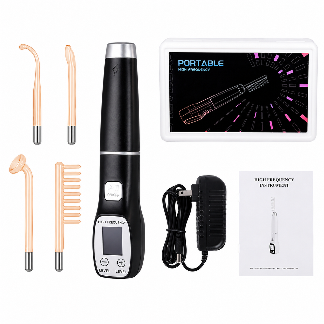 Premium High Frequency Facial Device Electro Therapy Wand Digital Display Glass Electrodes Portable Skin Care Device Face Neck Scalp Home Use
