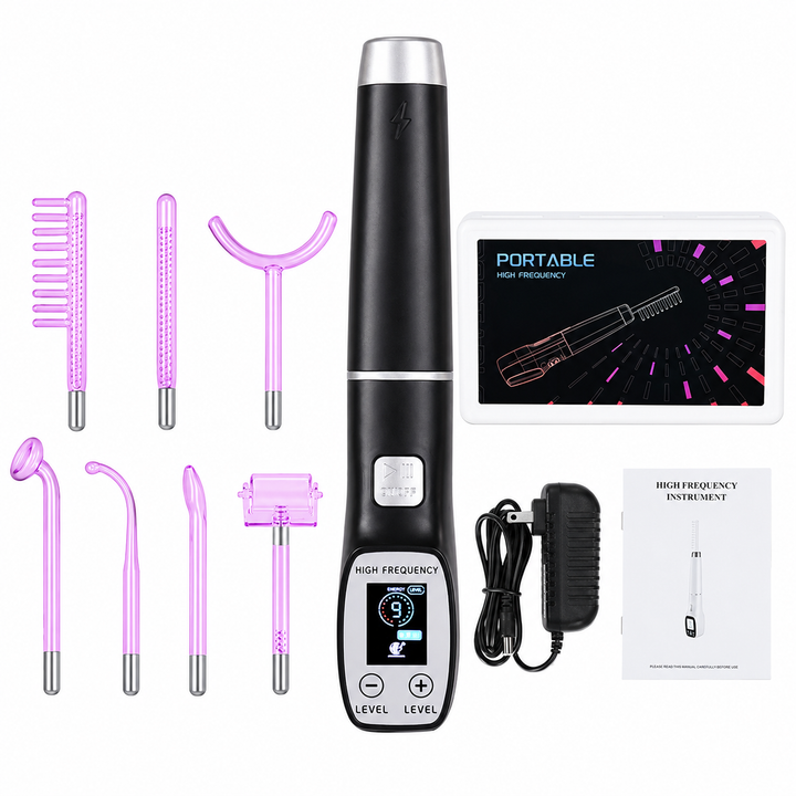 Premium High Frequency Facial Device Electro Therapy Wand Digital Display Glass Electrodes Portable Skin Care Device Face Neck Scalp Home Use