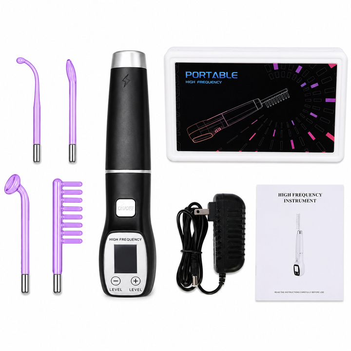 Premium High Frequency Facial Device Electro Therapy Wand Digital Display Glass Electrodes Portable Skin Care Device Face Neck Scalp Home Use