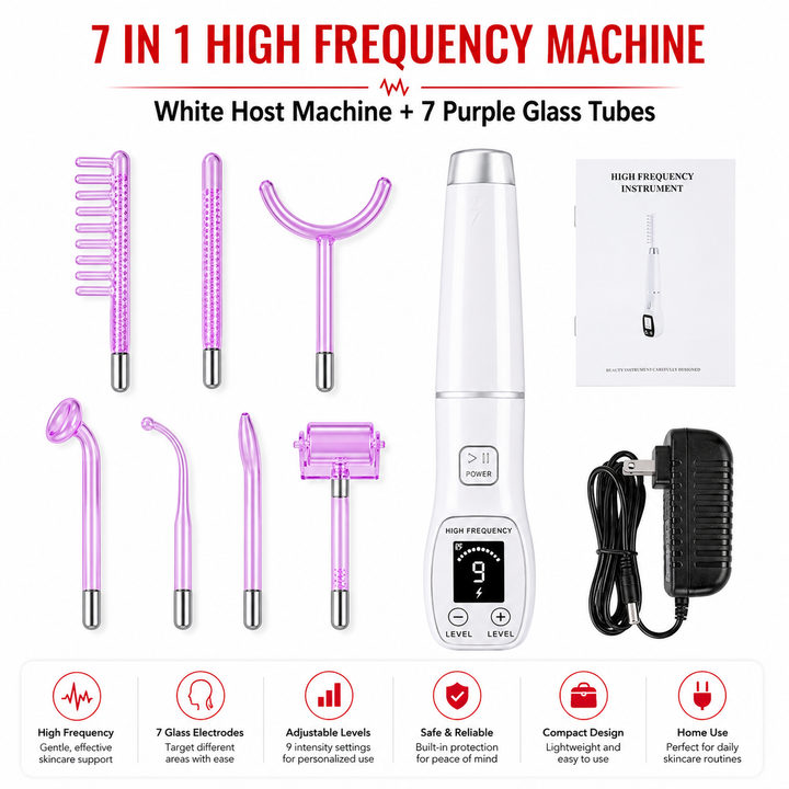 Premium High Frequency Facial Machine Electro Therapy Wand Screen Display Glass Electrodes Skin Tightening Acne Removal Portable Beauty Device