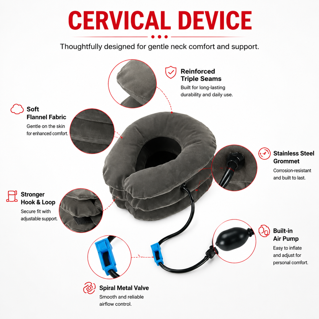 Premium Inflatable Neck Collar Adjustable Cervical Support Pillow Portable Neck Support with Hand Pump for Travel Work Daily Use Comfort Fit