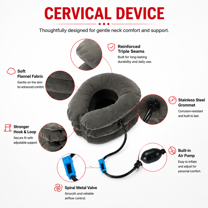 Premium Inflatable Neck Collar Adjustable Cervical Support Pillow Portable Neck Support with Hand Pump for Travel Work Daily Use Comfort Fit