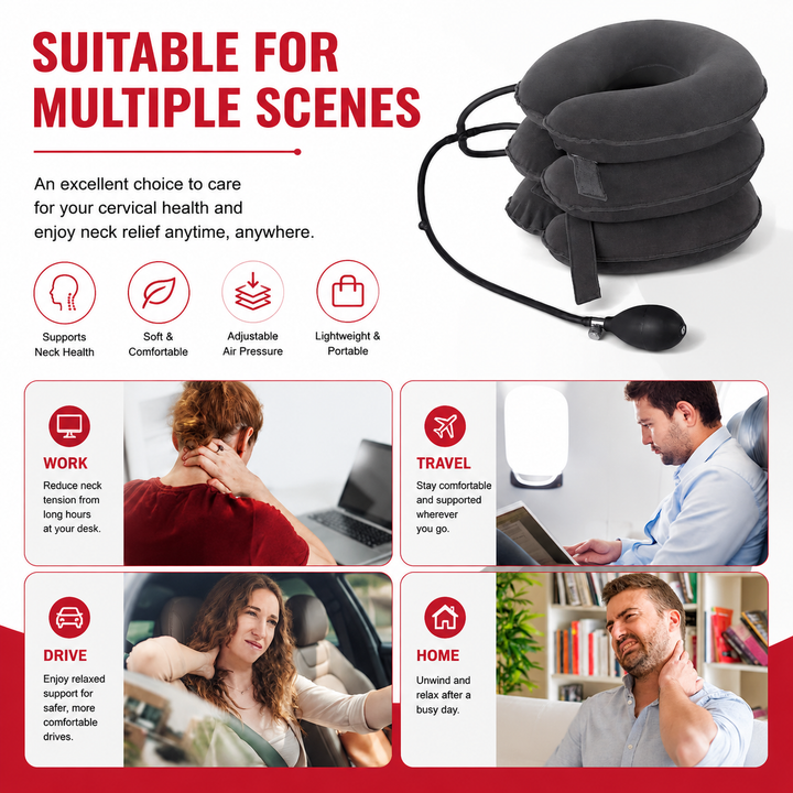 Premium Inflatable Neck Collar Adjustable Cervical Support Pillow Portable Neck Support with Hand Pump for Travel Work Daily Use Comfort Fit