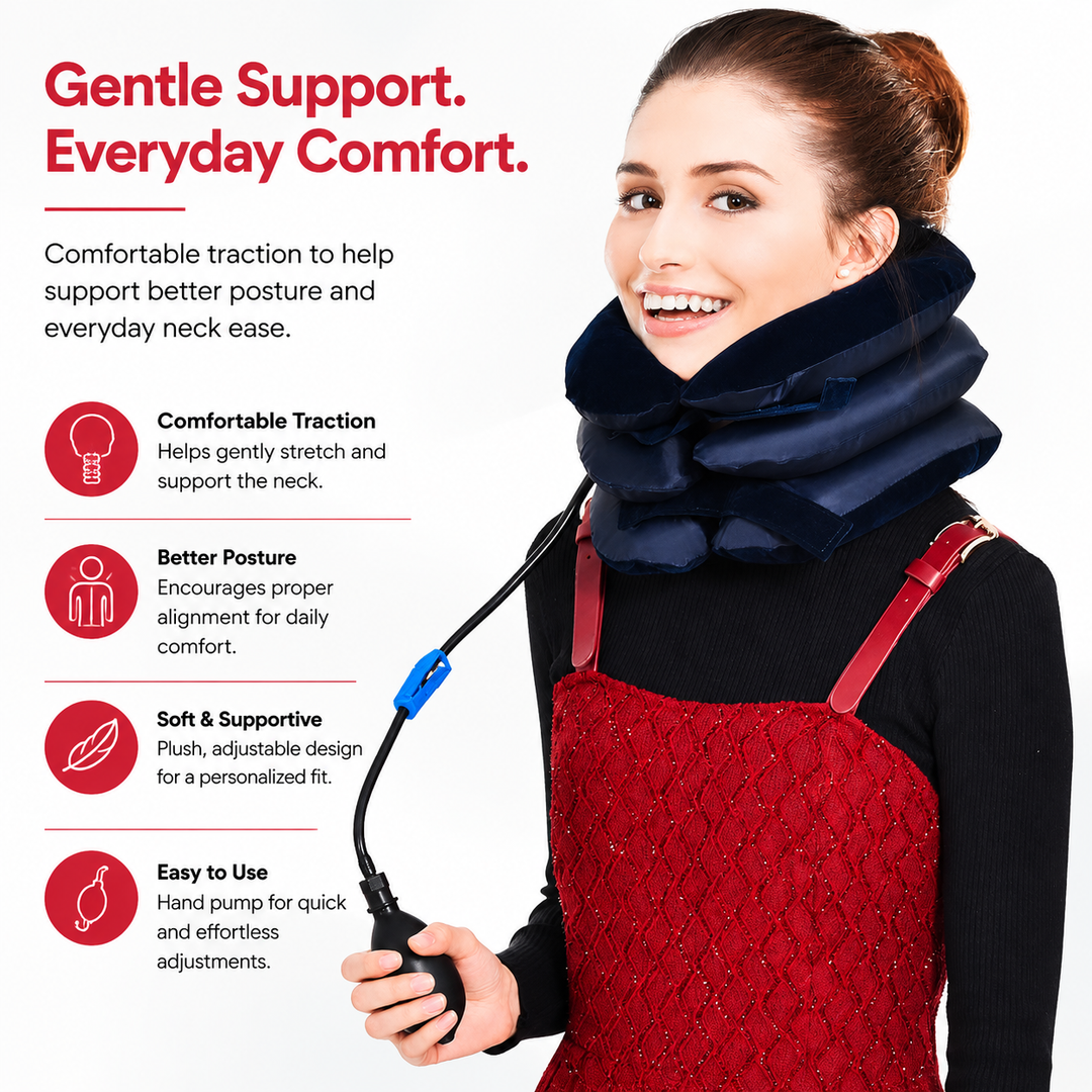 Premium Inflatable Neck Collar Adjustable Cervical Support Pillow Portable Neck Support with Hand Pump for Travel Work Daily Use Comfort Fit