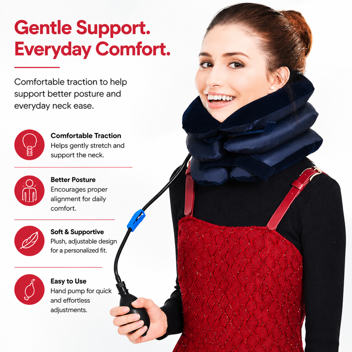Premium Inflatable Neck Collar Adjustable Cervical Support Pillow Portable Neck Support with Hand Pump for Travel Work Daily Use Comfort Fit