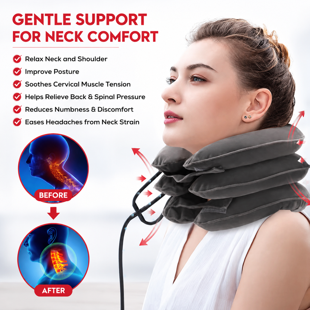 Premium Inflatable Neck Collar Adjustable Cervical Support Pillow Portable Neck Support with Hand Pump for Travel Work Daily Use Comfort Fit