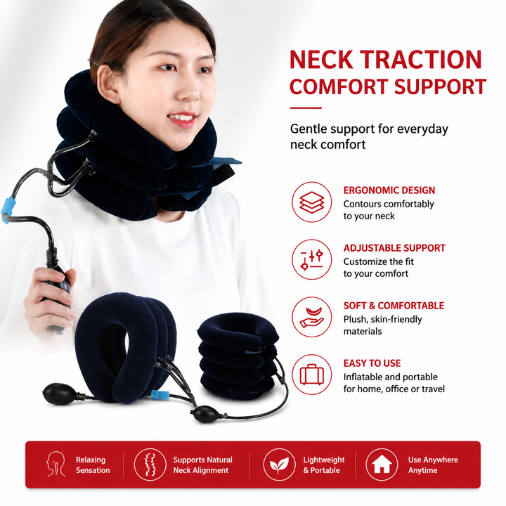 Premium Inflatable Neck Collar Adjustable Cervical Support Pillow Portable Neck Support with Hand Pump for Travel Work Daily Use Comfort Fit